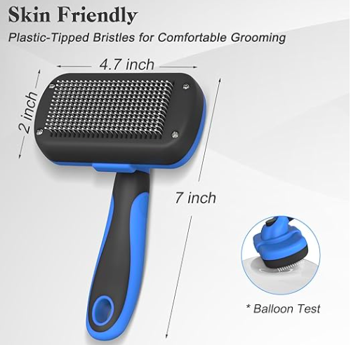 Self-cleaning dog brush with fur removal button