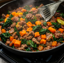 Cooking beef dog food in skillet
