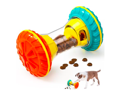 Dog using an interactive treat puzzle toy