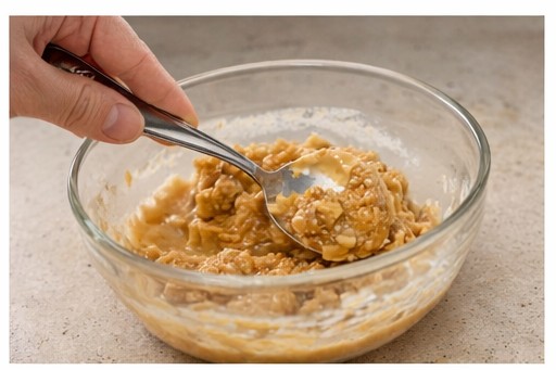 Mixing banana and peanut butter for dog treats